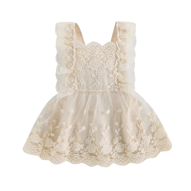 Lioraitiin Vestido de encaje para niñas pequeñas, sin mangas, sin espalda, bordado floral, vestido de princesa