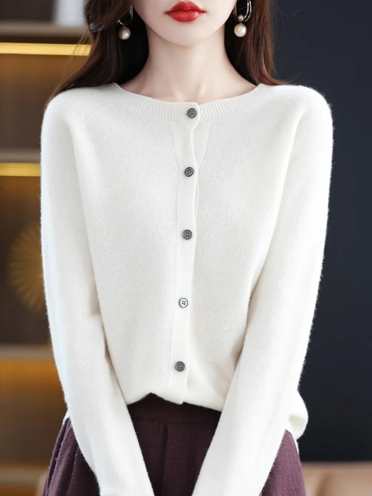 Women Cashmere Sweater 100% Merino Wool Knitted Cardigan Autumn Winter  Knitwear O-Neck Female  Solid Color Casual Fashion Top