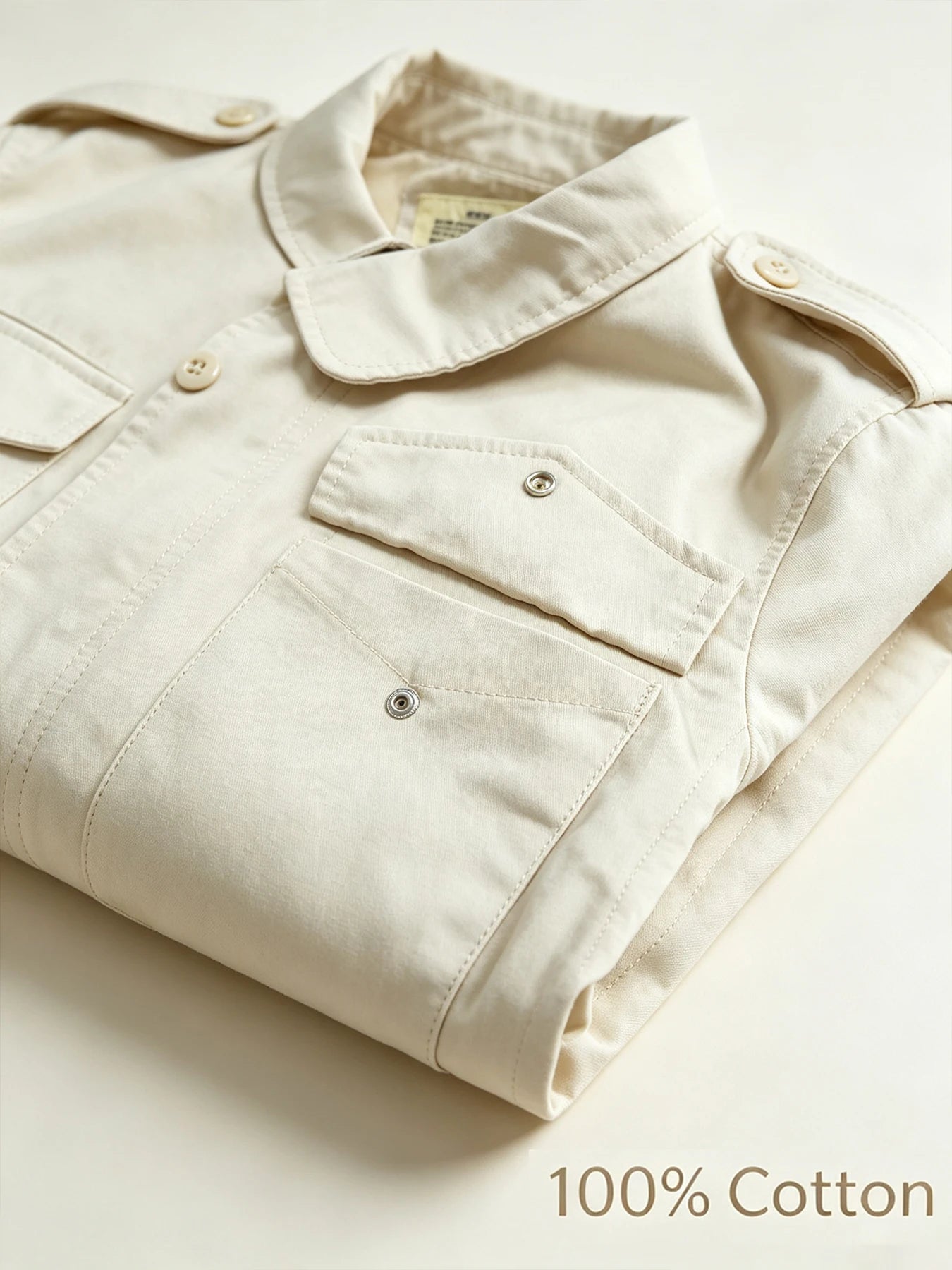 Men Old Money Style M65 Jacket Cream 100% Cotton Multi Pocket Lapel Collar Drawstring Business Casual Spring Autumn Outerwear