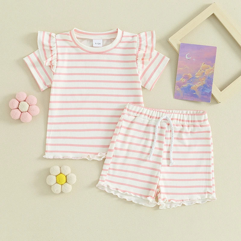 2024-01-23 Lioraitiin Conjunto de verano para niña pequeña, camiseta de manga corta con volantes y punto gofre, conjunto de pantalones cortos, conjunto de ropa de 2 uds.
