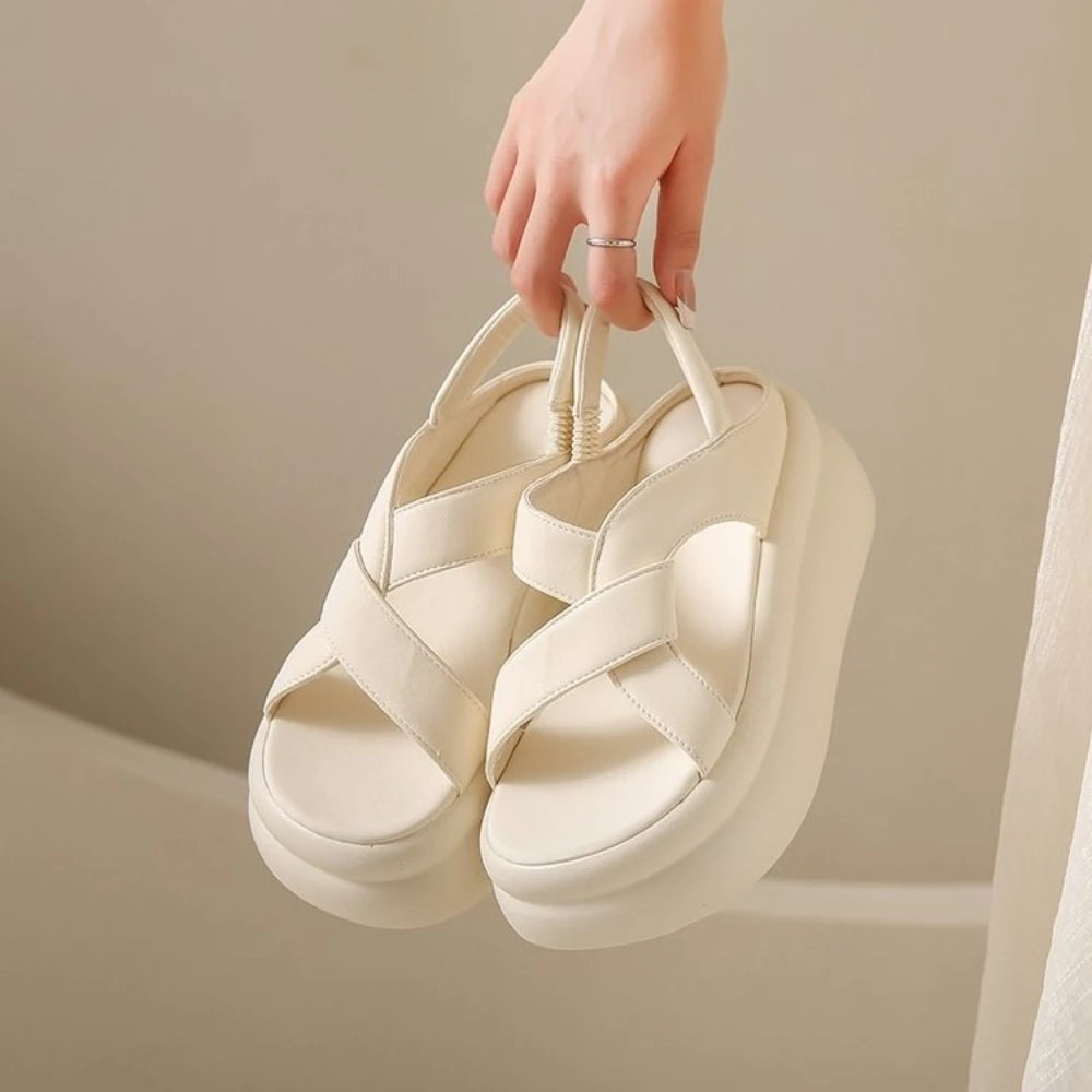 Luxe Cream Cloud-Style Platform Sandals Cross-Band Chunky Sole Slides Comfortable Walking Shoes Backless Casual Summer Mules