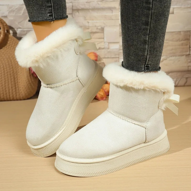 Winter New Snow Boots Fashion Round Toe Bow Suede Sleeve Platform Non-Slip Warm Cotton Boots