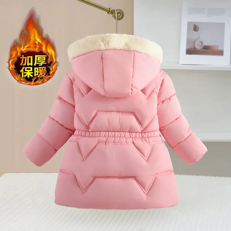 2025 Winter New Girls Jacket Long Solid Color Lining Berber Fleece Thick Warm Hooded Parka For 4-10Y Girls Bow Fashion Snowsuit
