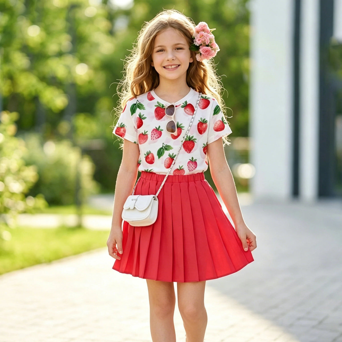 Girls Summer 7-14Y Round Neck Strawberry Print Short Sleeve Solid Red Pleated Skirt 2-Piece Outfit for Daily Casual Kids Cute