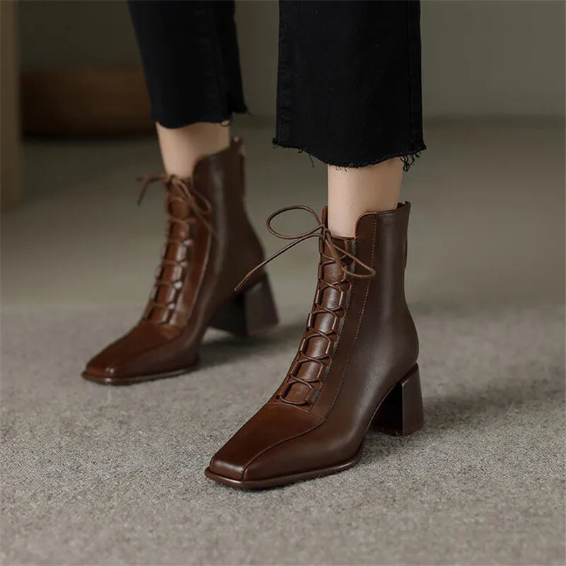 2022 Autumn Women Boots Square Toe Back Zipper Women Shoes Chunky Heels Shoes for Women High Heel Boots Vintage Leather Shoes