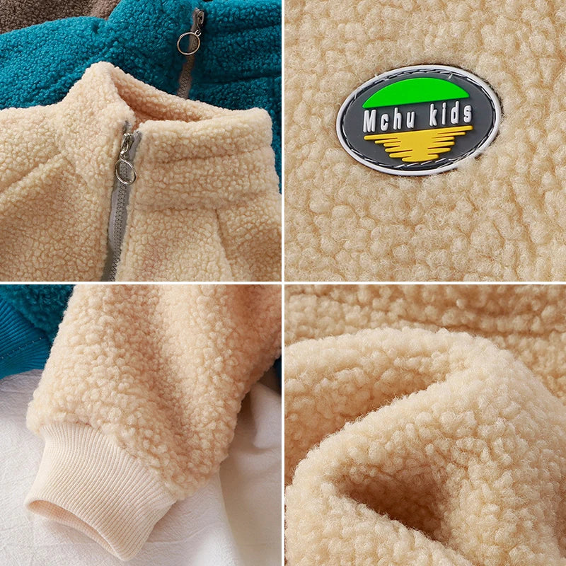 Children Plush Jacket Winter Baby Clothes Windproof Warm Thicken Velvet Kids Coat Boy Girl Toddler Lamb Fleece Turtleneck Tops