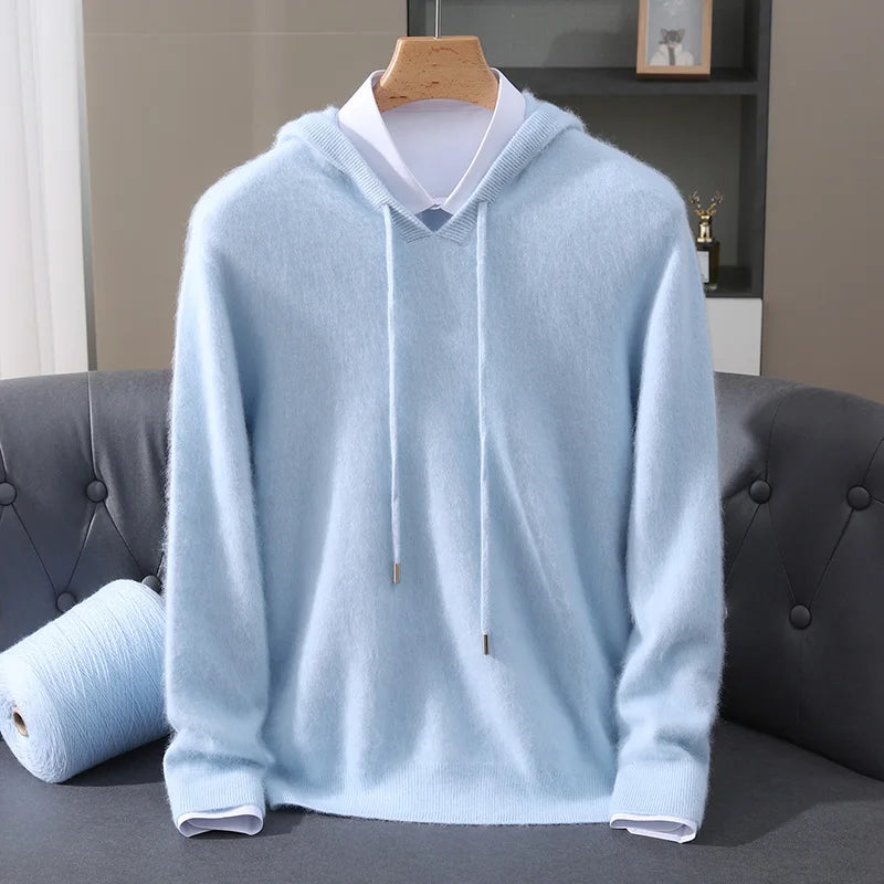 Men's Clothing: 100% Pure Mink Cashmere Knitted Sweater Casual And Loose Large-Sized Hooded Pullover Autumn Winter New Products