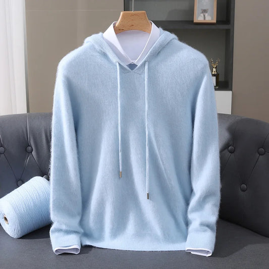 Men's Clothing: 100% Pure Mink Cashmere Knitted Sweater Casual And Loose Large-Sized Hooded Pullover Autumn Winter New Products