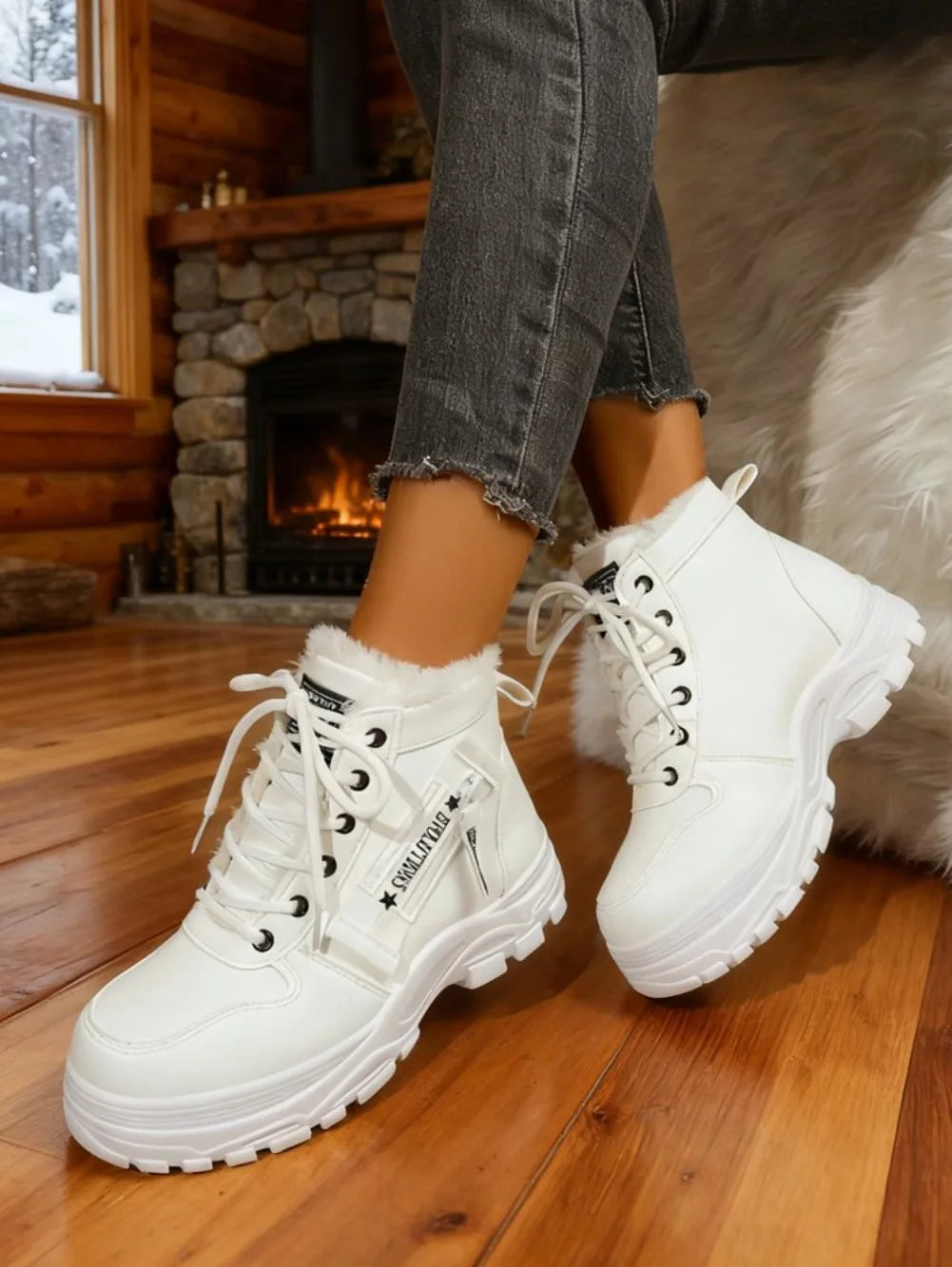 Women's Winter Snow Boots Warm Plush Lined Lace Up Chunky Platform Sneaker Booties Side Zipper Outdoor Walking Shoes for Ladies