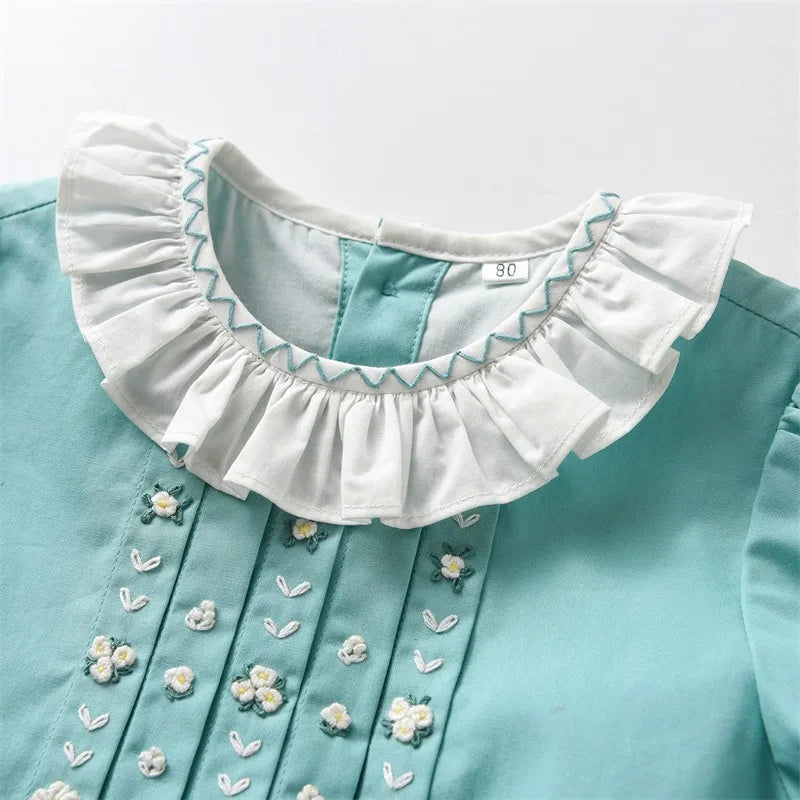 Vestido bordado hecho a mano para niñas pequeñas, vestido de manga corta con cuello con volantes, vestidos de flores bordados de algodón para niños pequeños