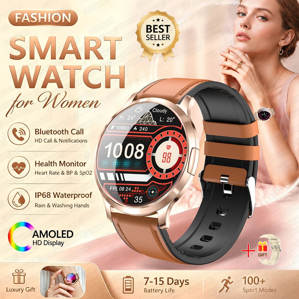 2026New Smart Watch 1.32”AMOLED Ultra-thin Display 100+Sports modes Blood Pressure Waterproof Bluetooth call Bracelet Women Gift
