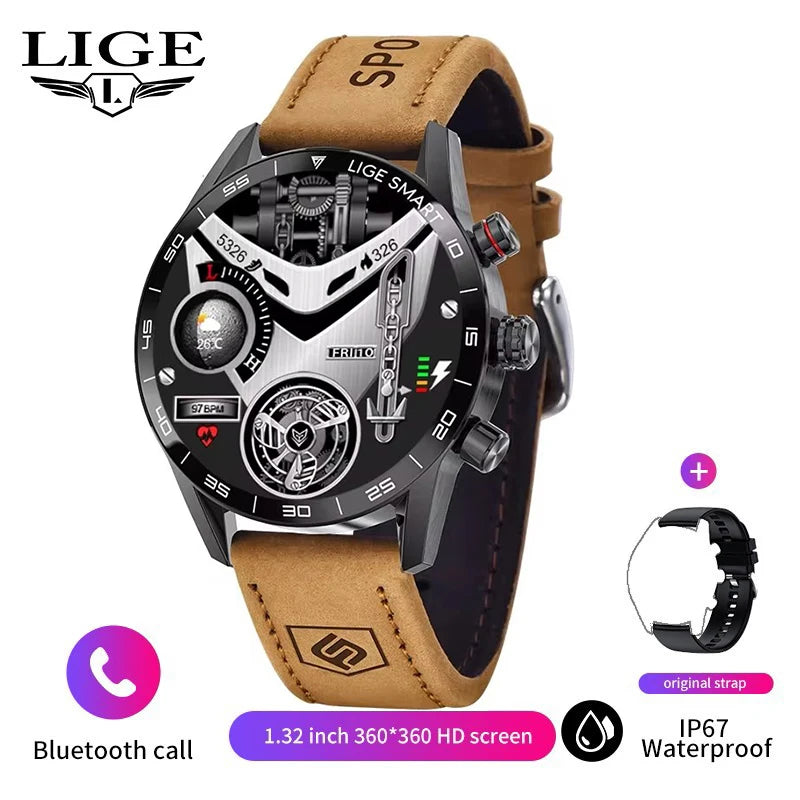 LIGE Men's Smart Watch Bluetooth Connection AMOLED Screen Smartwatch Men IP68 Waterproof Voice Call Samrtwatches for Android iOS