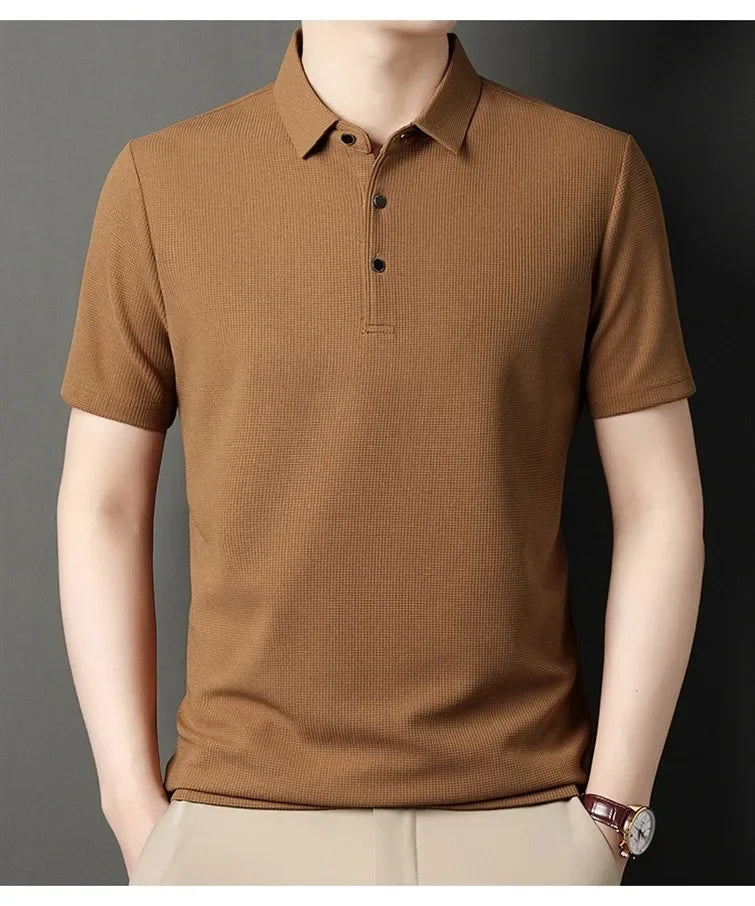 Men's Short Sleeved Lapel Polo Shirt Summer Solid Color T-shirt Loose Fitting Men's Trendy Top