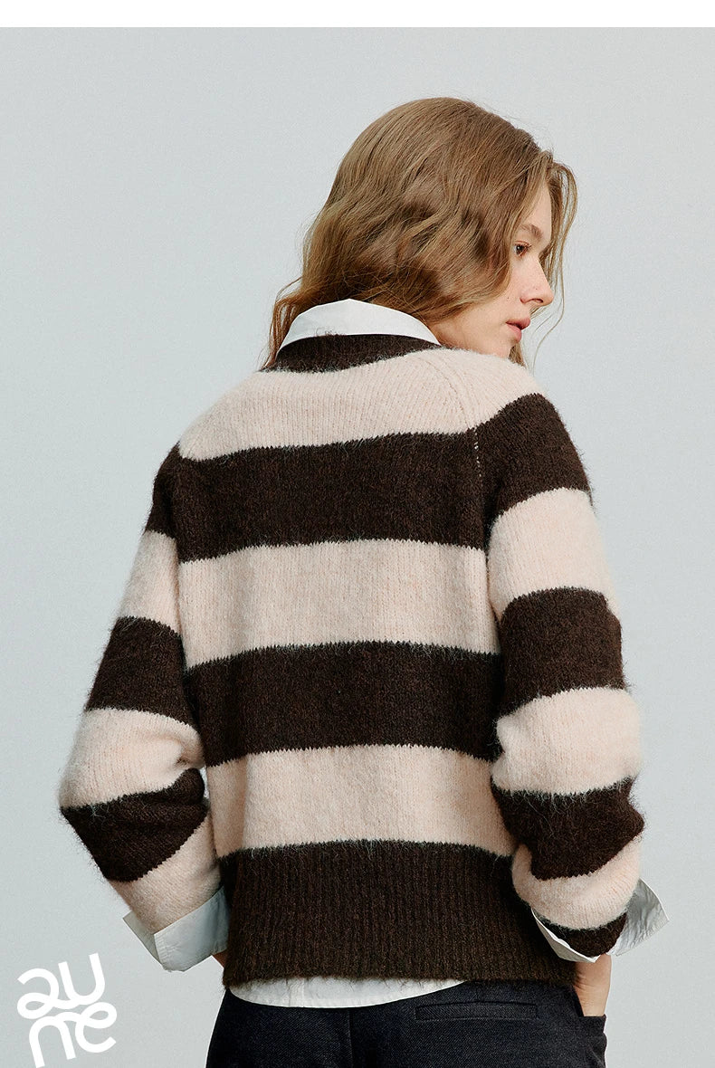 TOYOUTH Women Sweater 2025 Autumn New Color Contrasting Lulu Style Striped Cardigan Tops
