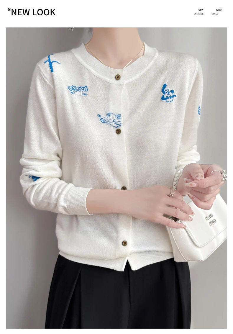 2025 New Merino Worsted Wool Women Sweater Spring Female Knitted Cardigan Long Sleeve Solid Clothing Tops Embroidery Outerwear