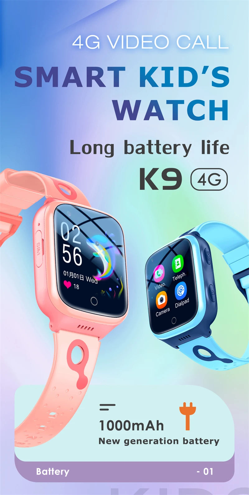 4G Kids Smart Watch Phone 1000mAh Waterproof IP67 Video Call SOS GPS LBS WIFI Location Tracker Remote Monitor Children Watch K9