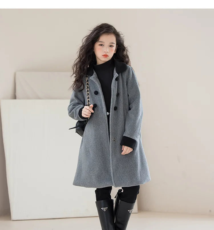 Teens Girls Winter Jacket Preppy Style Navy Mid-length Wool Coat for Kids Thick Warm Casual All-match School Children Outerwear