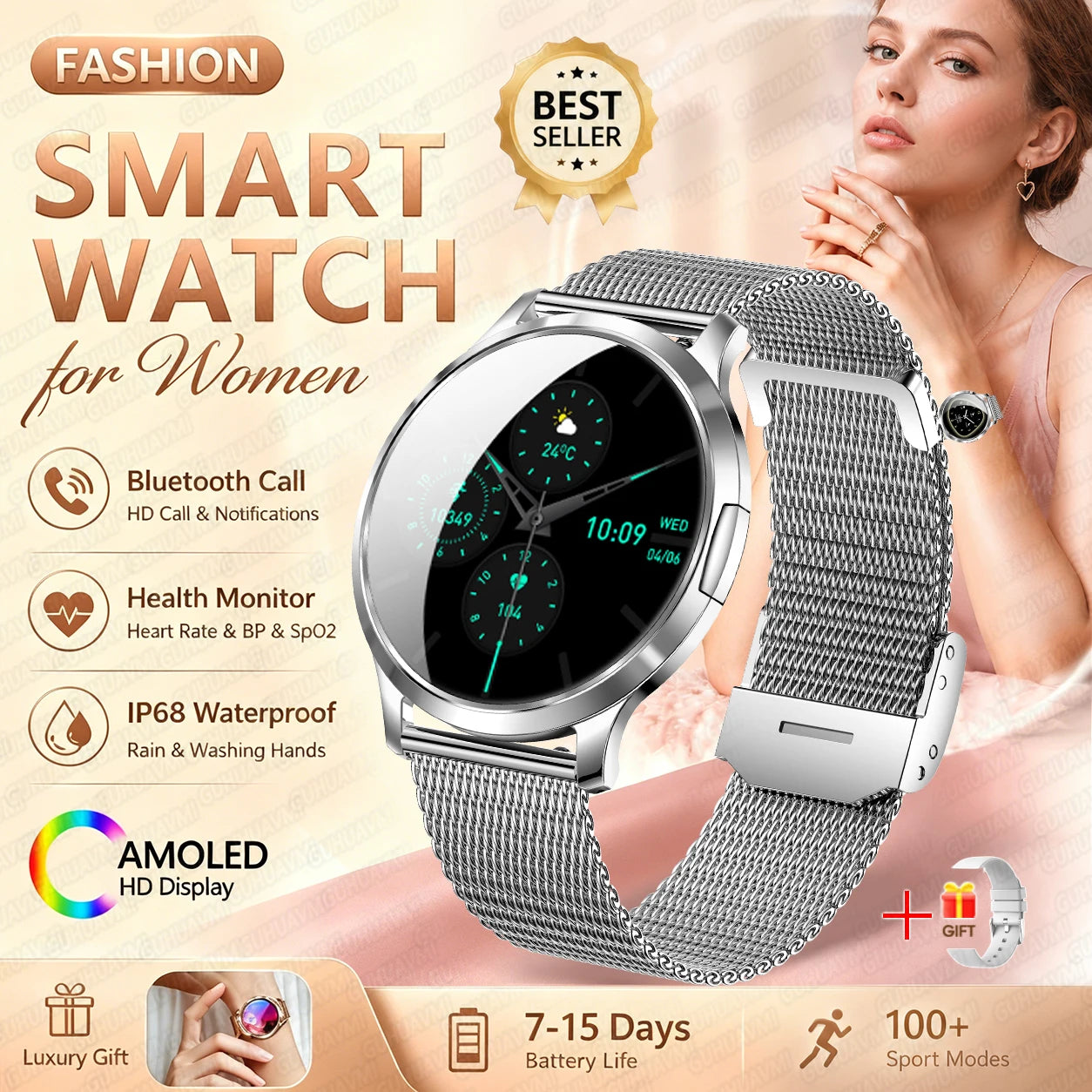2026New Smart Watch 1.32”AMOLED Ultra-thin Display 100+Sports modes Blood Pressure Waterproof Bluetooth call Bracelet Women Gift