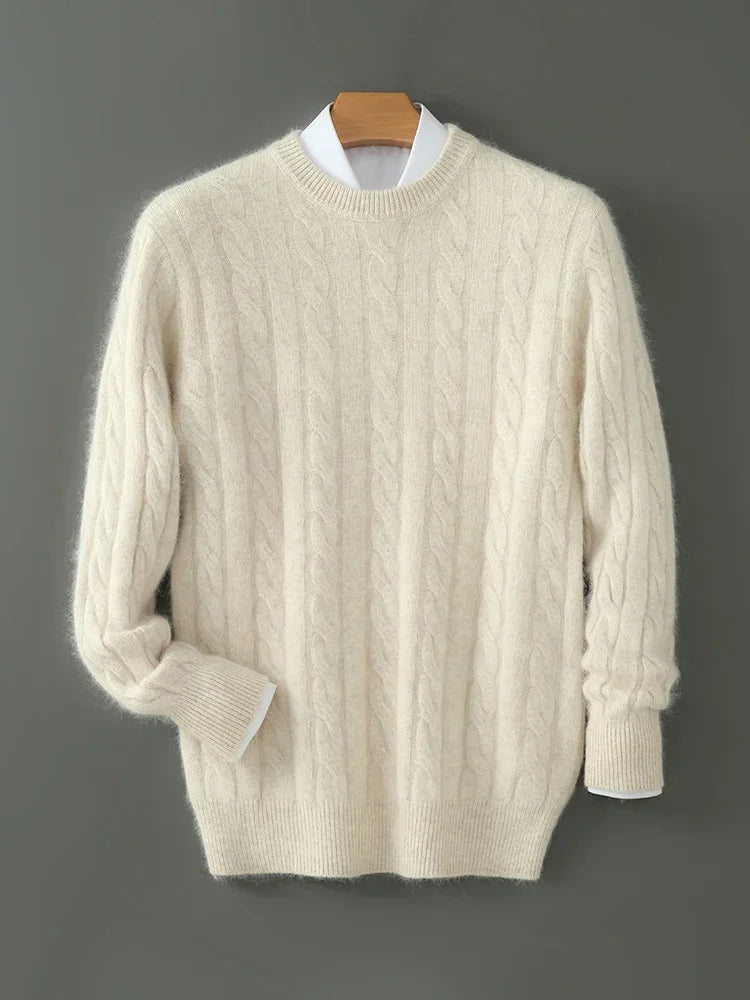 Mink Cashmere Cable Knit Pullover for Men O Neck Casual Autumn Winter Sweater Top