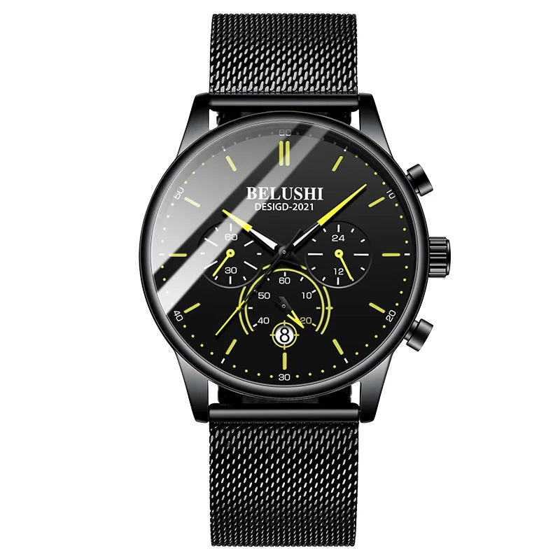 BELUSHI Cool Ultra Thin Mens Watch Luxury Multifunction Stopwatch Calendar Luminous Male Clock Waterproof Mesh Strap Reloj Hombr