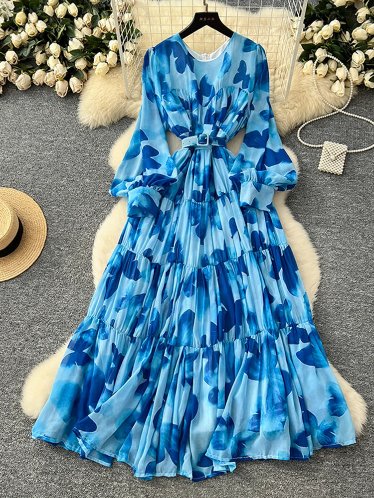 Spring Summer Women's Long Sleeved Printed Large Swing Dress New French Fashion Beach Style Cinched Round Neck Long Dress Y01