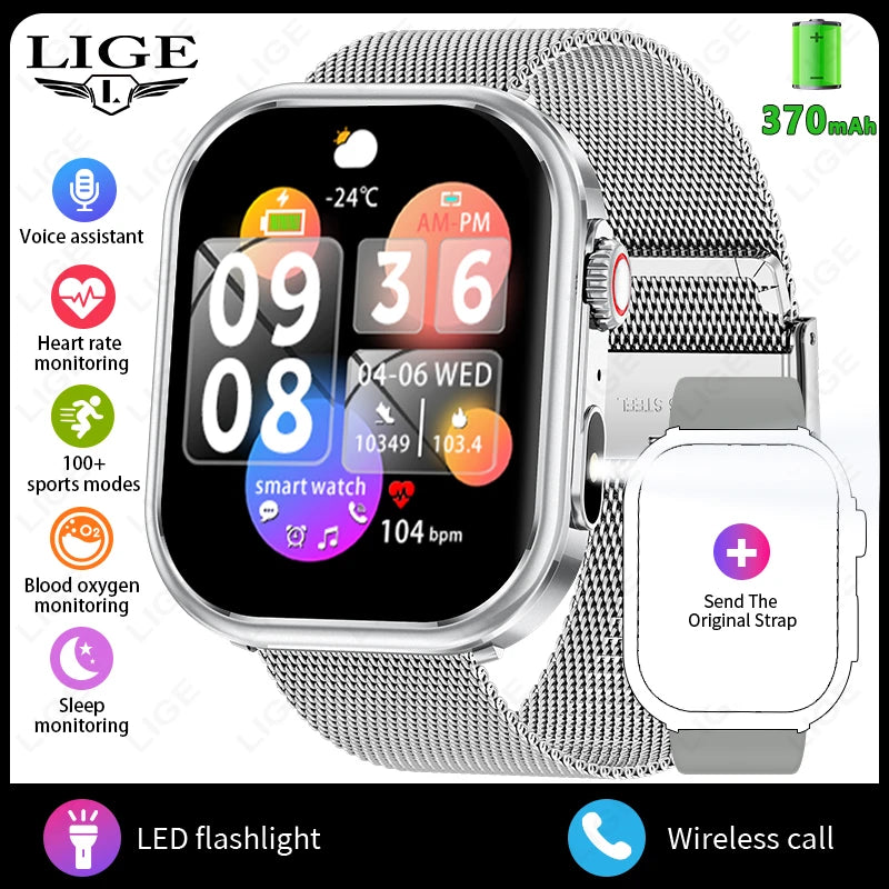 LIGE Women Smart Watch 2.01" IP68 Waterproof Outdoor Sports Tracker LED Flashlight Bluetooth Call Men Smartwatch For Android iOS