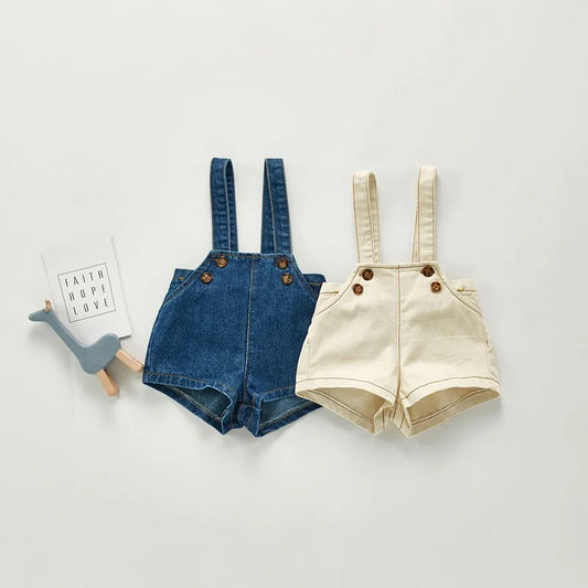 Pantalones cortos de mezclilla para bebés de 0 a 3 años, monos con tirantes en la cintura elástica de Color sólido para recién nacidos, trajes sueltos, ropa de primavera