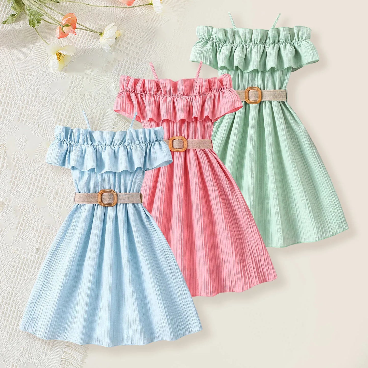 Vestido de fiesta de noche elegante para niñas, Color sólido, sin mangas, con hombros descubiertos, Vestido de playa para adolescentes con cinturón, para niños y niñas de 7 a 12 años