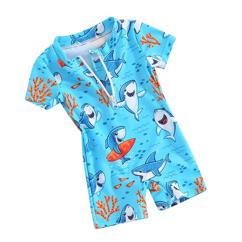 Toddler Baby Boys Rash Guard Swimsuit Rompers Zipper Short Sleeve Shark Print Kids Bathing Suit Swimwear