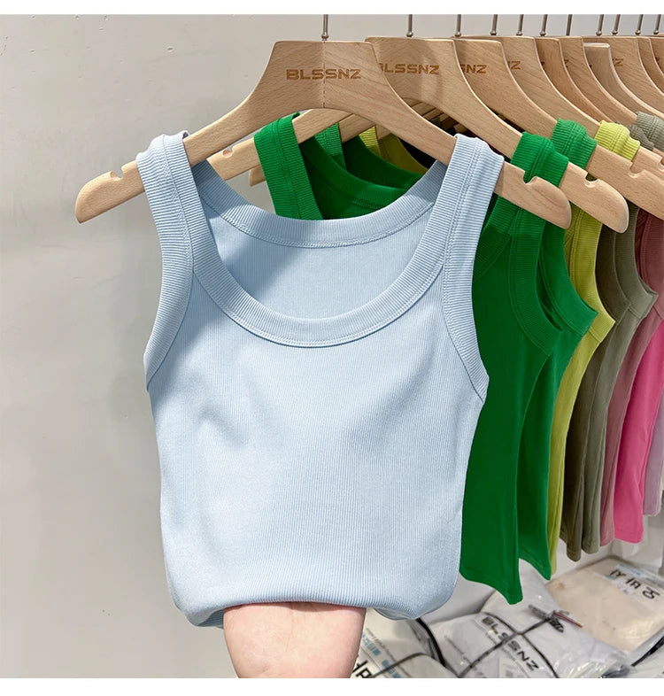 Women Solid Round Neck Ribbed Tank Top Camisole Women 2026 Summer Basic Elastic Tank Top O Neck Solid Tank Top