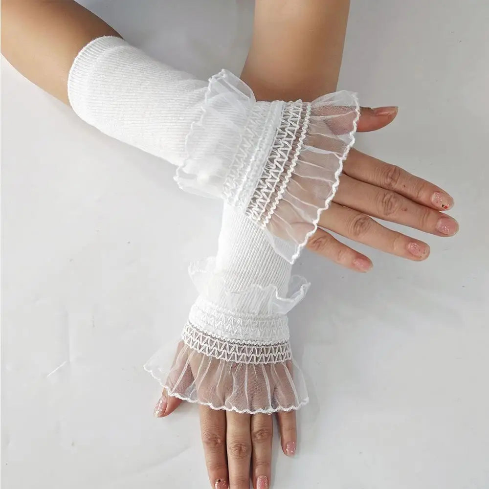 Women Sweater Fake Sleeves Hollow Out Crochet Floral Lace Horn Cuffs Embroidery Ruffles Elastic Wrist Warmers Lolita False Cuffs