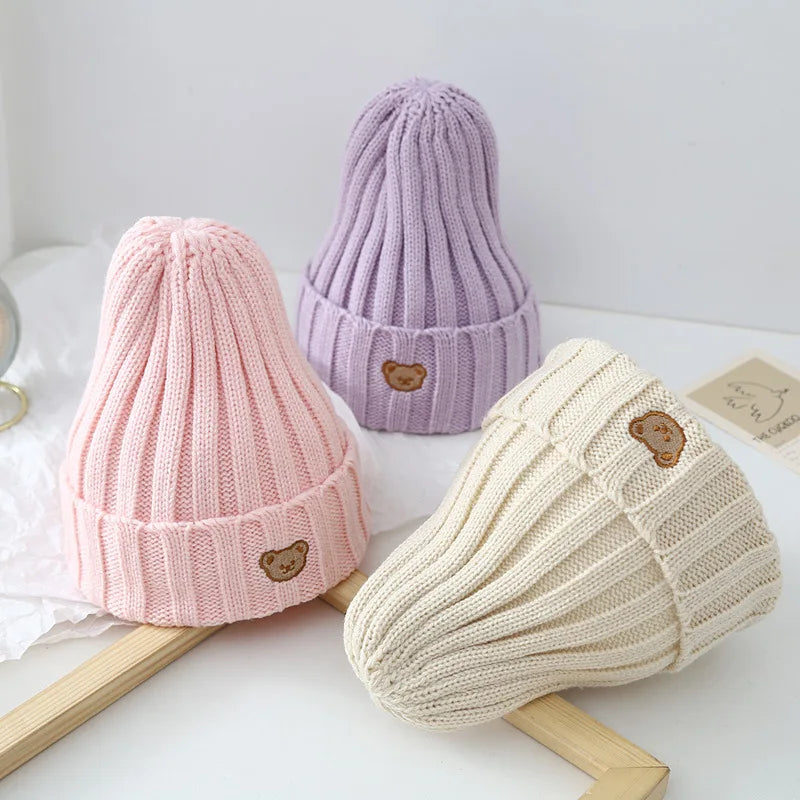 Gorro de invierno para bebé, gorro tejido de algodón para otoño, gorro para niños y niñas, bonito oso de dibujos animados, gorro suave y cálido de Color sólido para niños