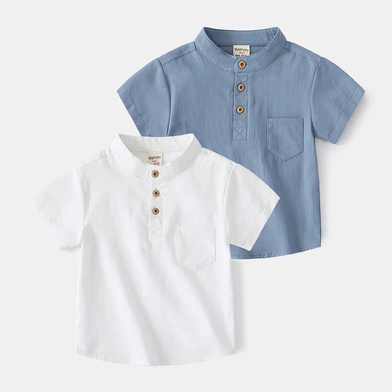 Summer Boys Short Sleeves Shirts 2-7Years Kids Korean Version V-Neck White Aqua Blue Blouses Baby Solid Color Casual Top