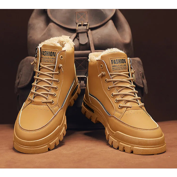 Winter Fleece-Lined Warm High-Top Men's Boots, Korean Style Versatile Men's Boots, Thickened Lightweight Cotton Shoes, Trendy Outdoor Snow Boots