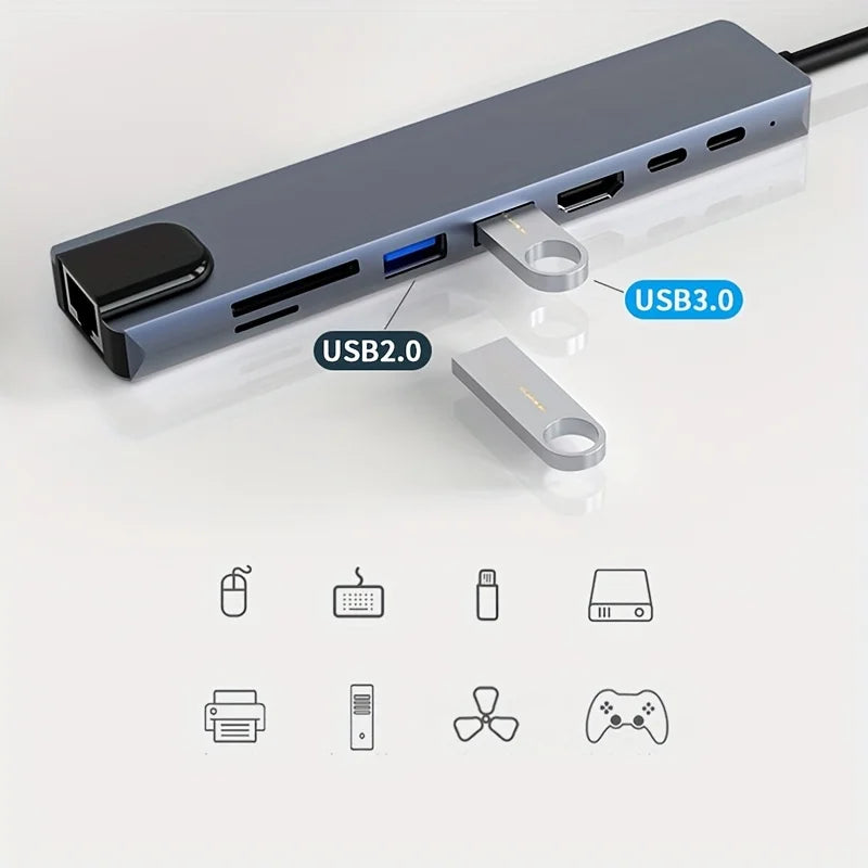 8-In-1 Type C Docking Station, Featuring a USB C Hub with RJ45 And PD Ports