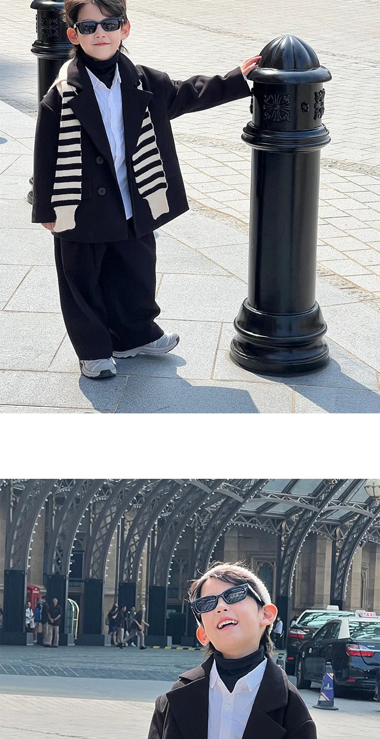 Boys Woolen Suit Set Autumn Winter Thicken Warm Casual Blazers Trousers Two-piece Children White Wedding Outfits 2 To 12 Years