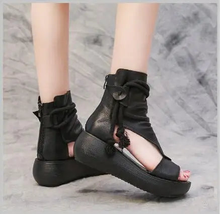 GKTINOO 2026 New Summer Black Women Leather Sandals Cool Boots Platform Shoes Wedges Sandals Women Shoes Fashion Outdoor Sandals