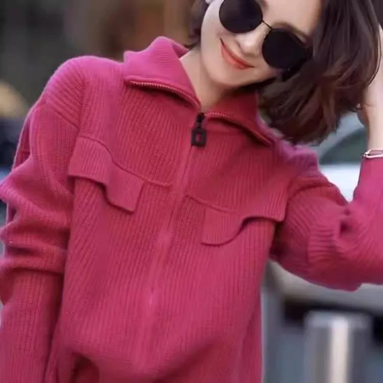 New 100% pure cashmere cardigan in autumn and winter women's POLO collar cashmere rose red coat knitted hooded sweater