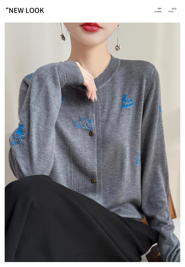 2025 New Merino Worsted Wool Women Sweater Spring Female Knitted Cardigan Long Sleeve Solid Clothing Tops Embroidery Outerwear
