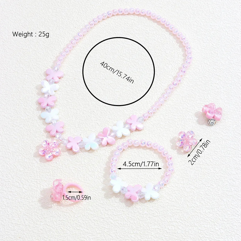 Girls' 5-Piece Jewelry: Flower Pendant, Earrings, Ring, Beaded Necklace & Bracelet, Cute Versatile Kids' Accessories