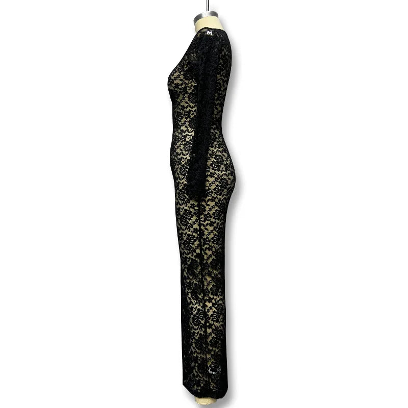 New Spring and Summer Fashion Crew Neck Women's Lace Long Sleeve Dress Elegant Sheer Sexy Slim-fitting Casual Women's Long Dress
