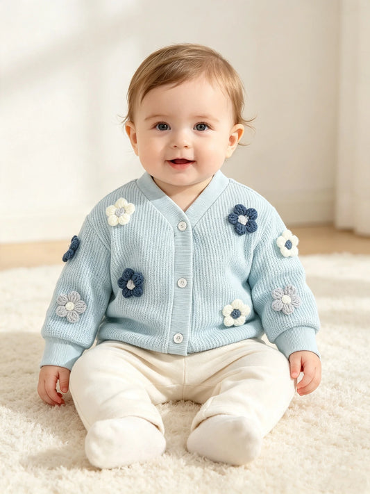 Toddler Girls Cute 3D Floral Applique Cardigan Light Blue Ribbed Knit Button Up Jacket Infant Spring Fall Casual Wear