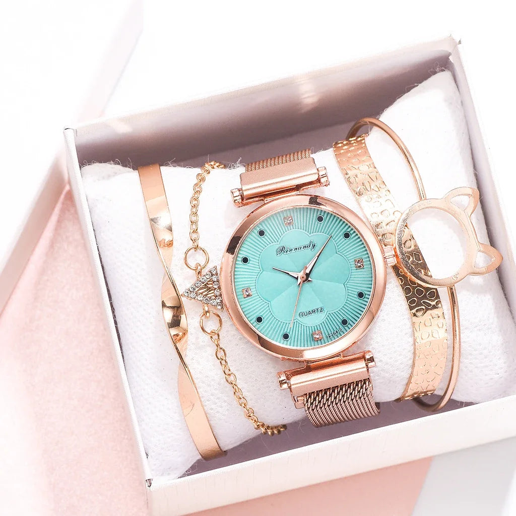 5pcs/Set Luxury Women Watches Luxury Magnet Buckle Flower Rhinestone Watch Ladies Quartz Wrist Watch Bracelet Set Reloj Mujer