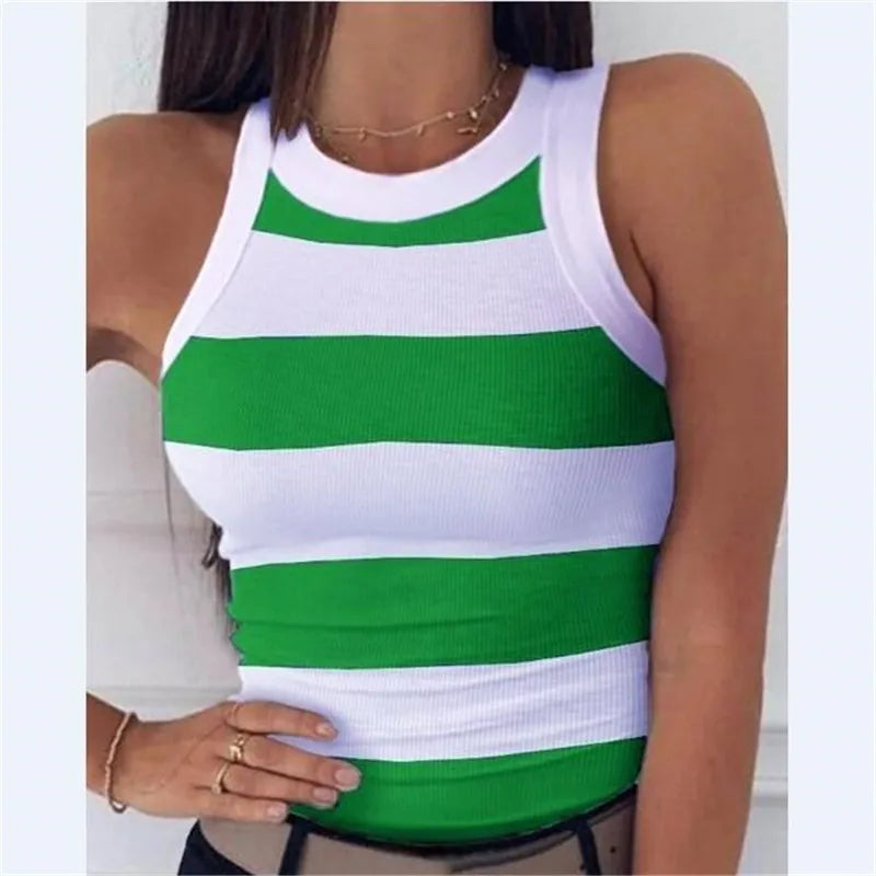 Women's Clothing Tops Tanks Camis Digital Printed Round Neck I-Shaped Vest Sexy Summer Striped Sleeveless Vest for Women Vests