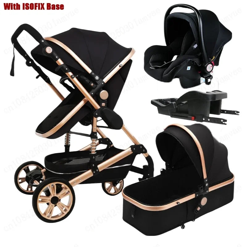 Baby stroller 3in1 with car seat with ISOFIX base, luxury high landscape baby carriage aluminum alloy frame travel stroller