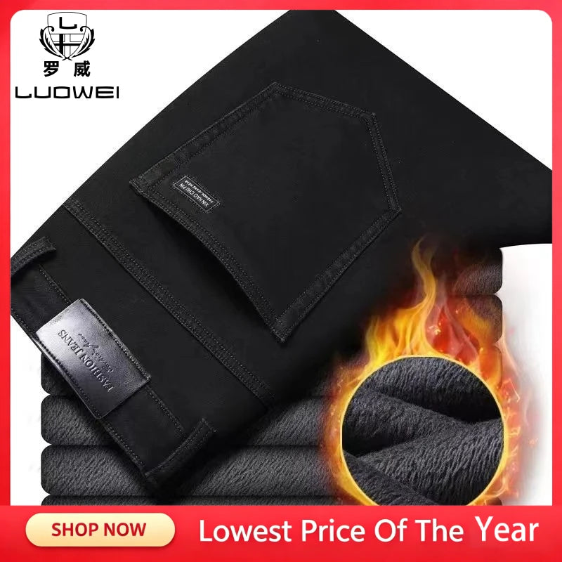 Brand Men Jean Warm Autumn Winter Loose Straight Jeans Male Casual Fleece Lined Thickened Denim Pant Elastic Waist High Trousers