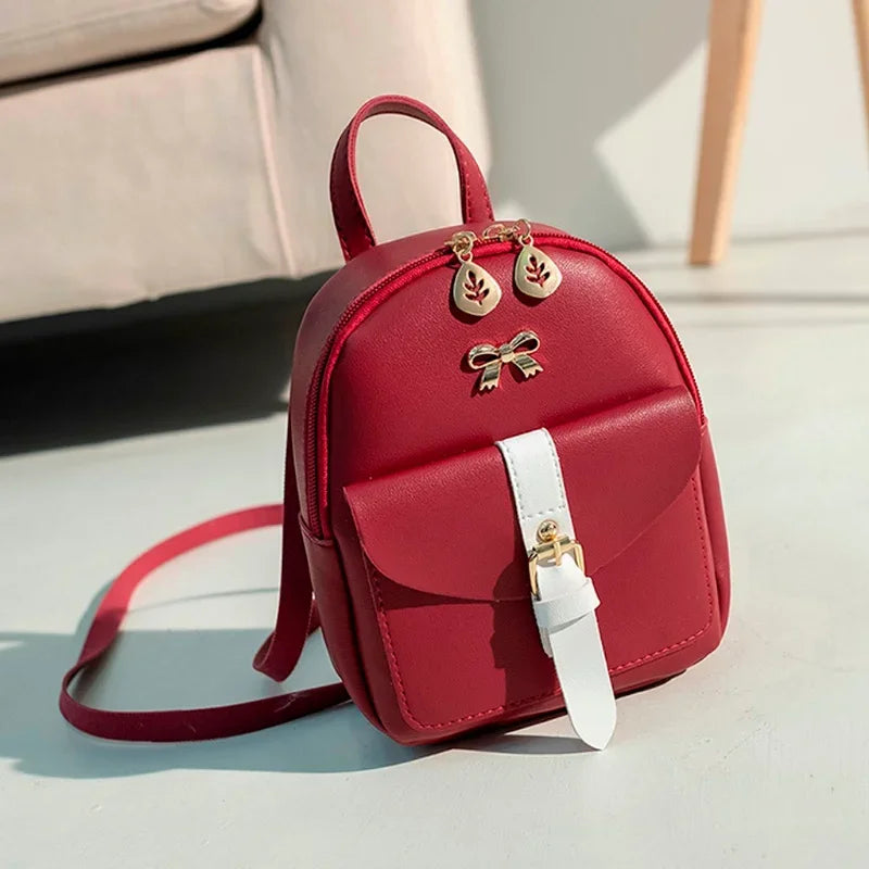 Women's Mini Backpack Luxury PU Leather Kawaii Backpack Cute Graceful Bagpack Small School Bags for Girls Bow-knot Leaf Hollow