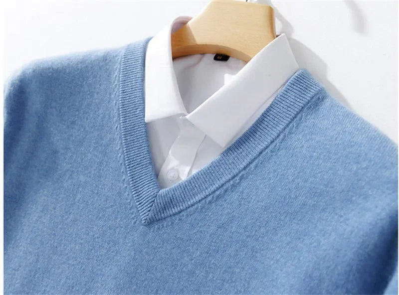 Soft Cashmere Sweater Men's Clothing Autumn Winter Pullover Business Casual Bottom V-neck Knitted Woolen Slim Fit Knitwear Male