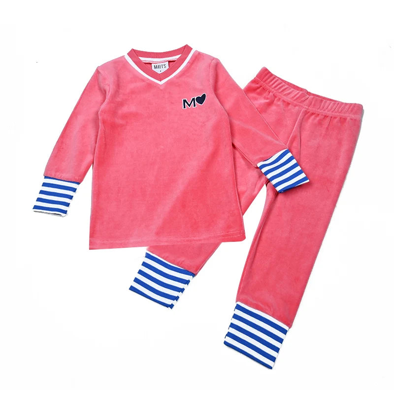 Children's Pajamas Family Matching Blue and Pink Set Girls Dress baby Boy and Girls Romper Autumn Winter Clothes Stripes Trims