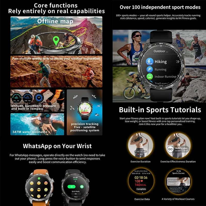 2026 New Smart Watch for Men with Built in GPS Maps 100+ Sport Modes 3ATM Waterproof BT Call MP3 MP4 Playback Altitude Compass